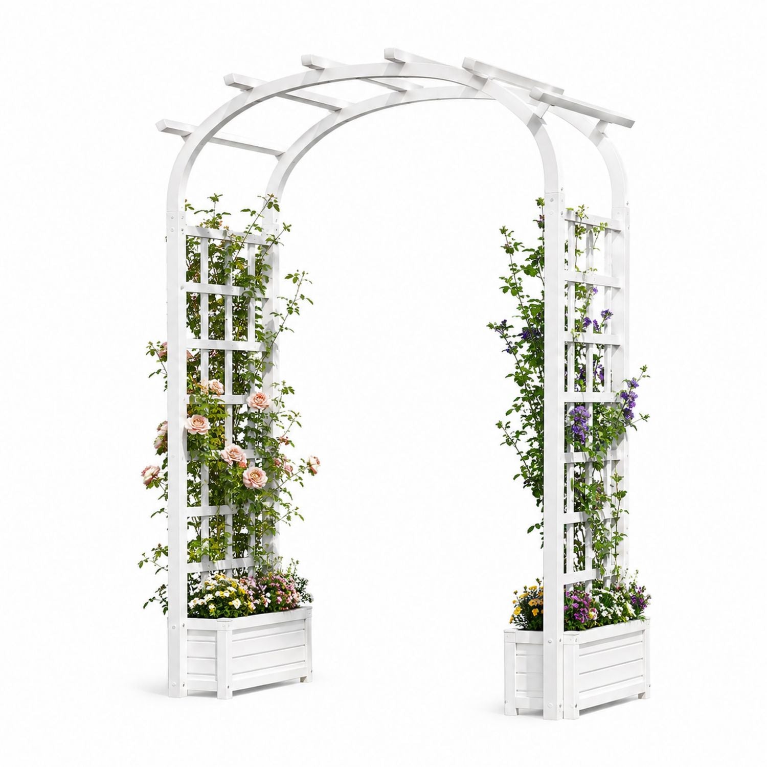 Pergola drewniana biały łukowa z donicami