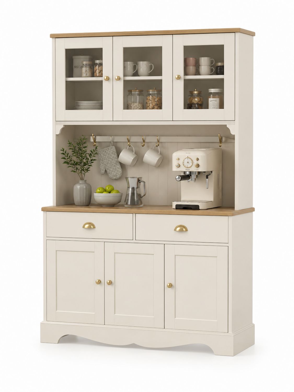 Kredens kuchenny z MDF z szklanymi szafkami i drewnianym blatem 180x120x40 cm