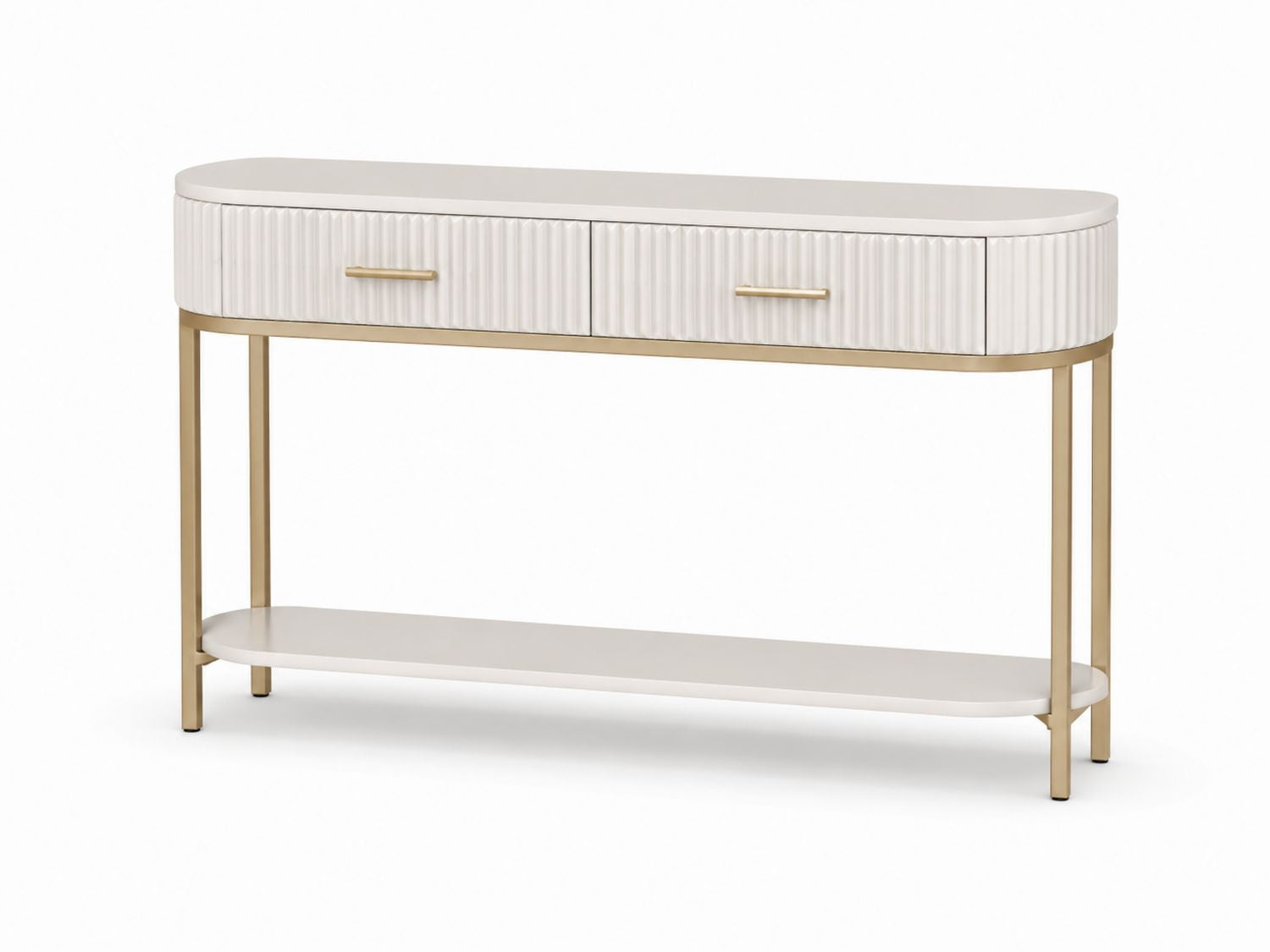 Konsola z MDF i stali w kolorze Białym i Złotym z dwoma szufladami 120x30x80 cm