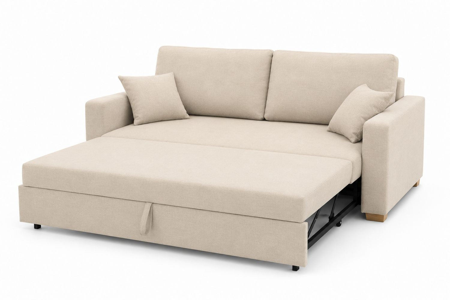 Beżowa sofa rozkładana z tkaniny z funkcją spania i schowkiem