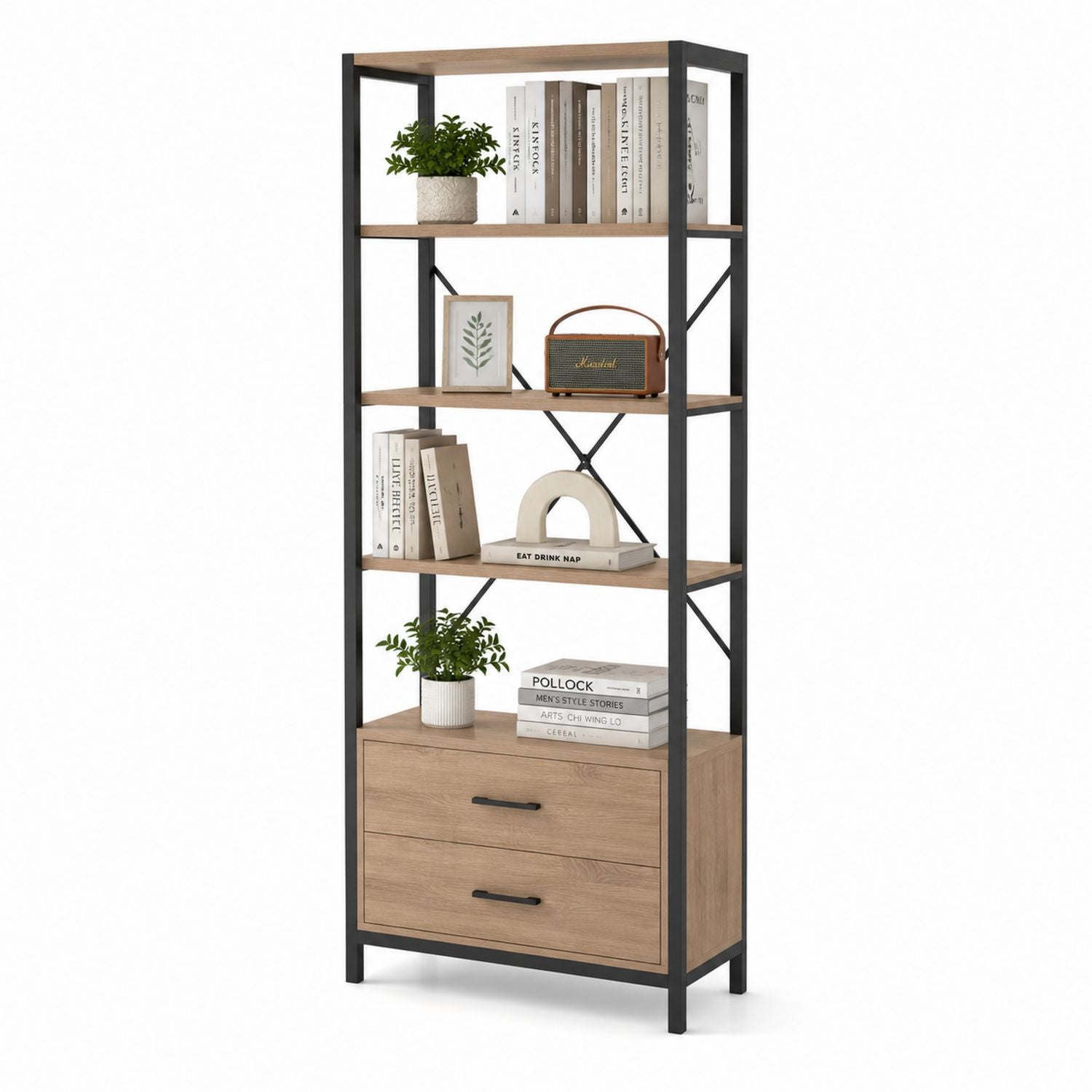 Regał z metalu i płyty MDF z 4 półkami i 2 szufladami 180 cm