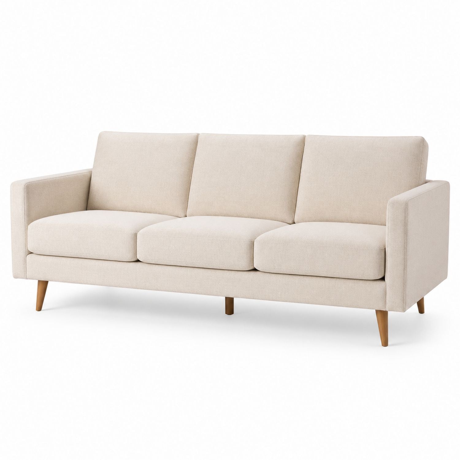 Trzyosobowa sofa z tkaniny beżowa z bukowymi nogami