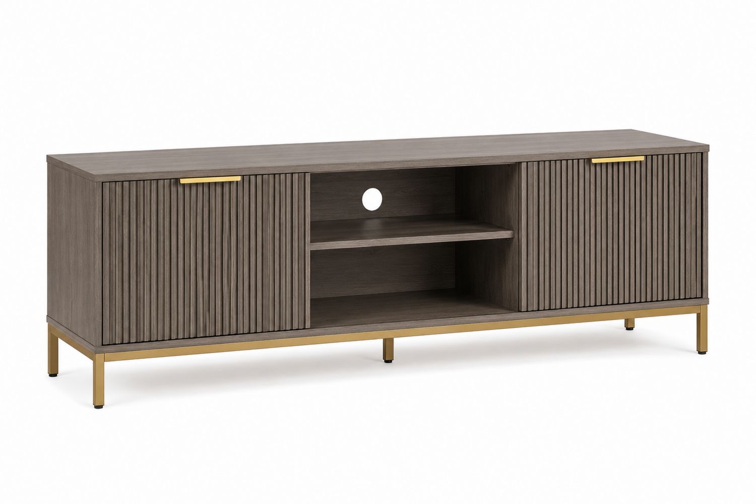 Szara drewniana szafka RTV z elementami metalowymi 140x40x50 cm
