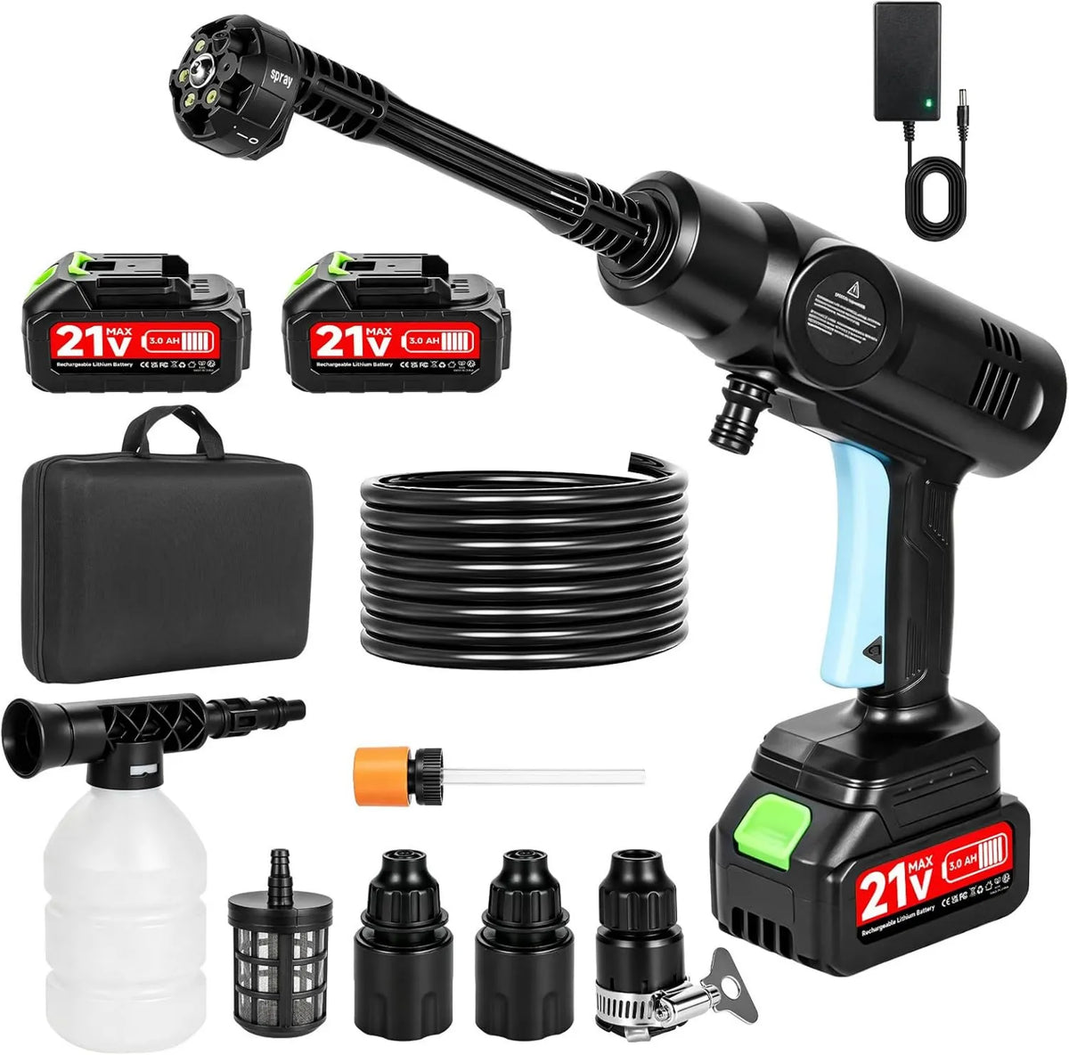 Victoam, Wysokie ciśnienie czyszczący Bar / 1160 3.0Ah, 21 V, przenośny, dysza 6- in-1 i wąż 5m do automatycznego prania, 80 PSI PSI czyszczący akumulator z 2x Bar/1160 6-en-1