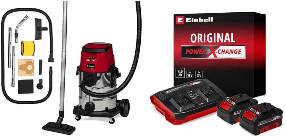 Einhell, VC 36 Odkurzacz, 25 l, 36 V, Boost, stal nierdzewna, moc ssania 150 mbar, zbiornik ze stali nierdzewnej 25 l, Twincharger i 2 Baterie 4, 0Ah