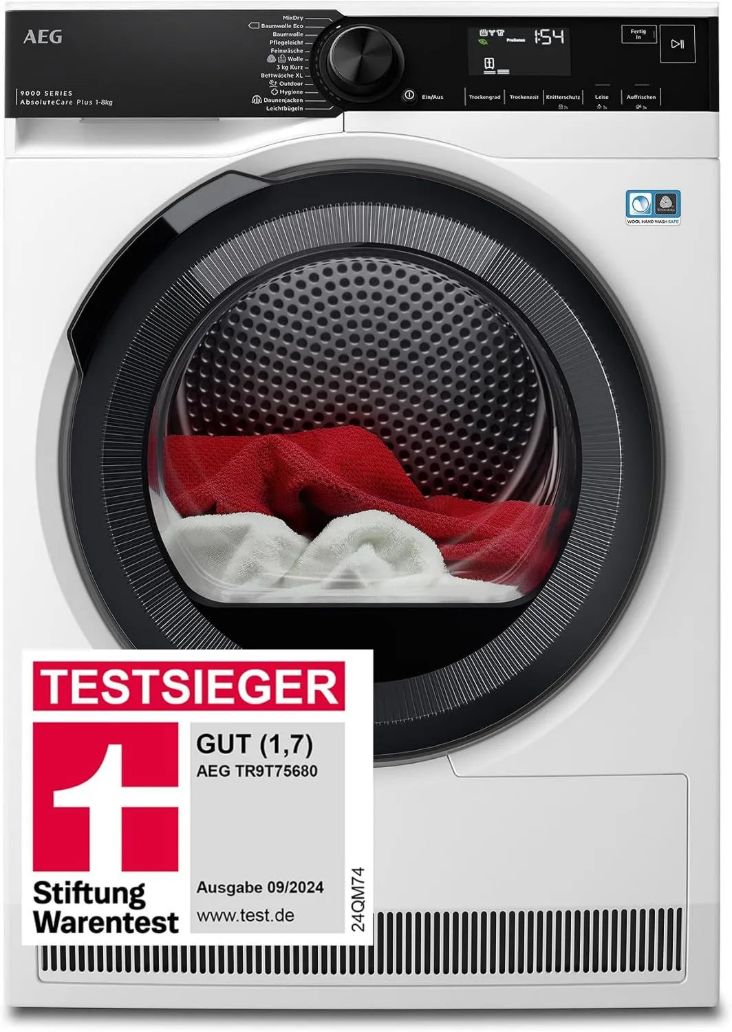 AEG pralka, 60 cm, Suszarka z pompą ciepła 8 kg, seria 9000 AbsoluteCarePlus suszenie puchu, zwycięzca testu Stiftung Warentest