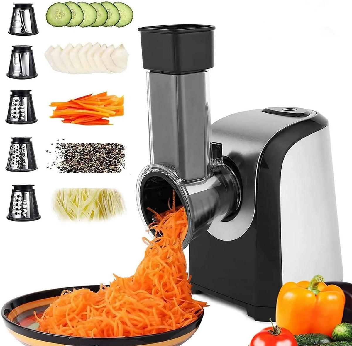 Nictemaw, Sin BPA Plateado, Rallador Eléctrico de Verduras y Fruta, Cortador Verduras 150 W, Rallador Eléctrico con 4 Accesorios de Acero Inoxgeous Cilindros