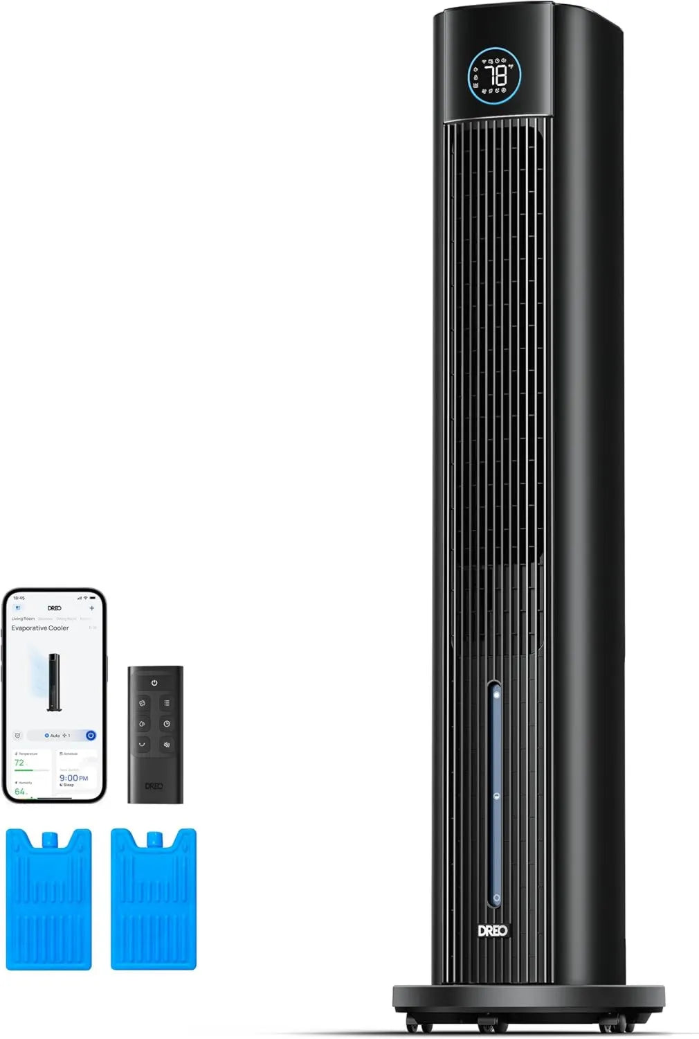 DREO, Wentylator, 110 cm, minutnik, aplikacja, oscylacja w 80 °, cisza, czarny, kontrola aplikacji, zegar 12 godzin
