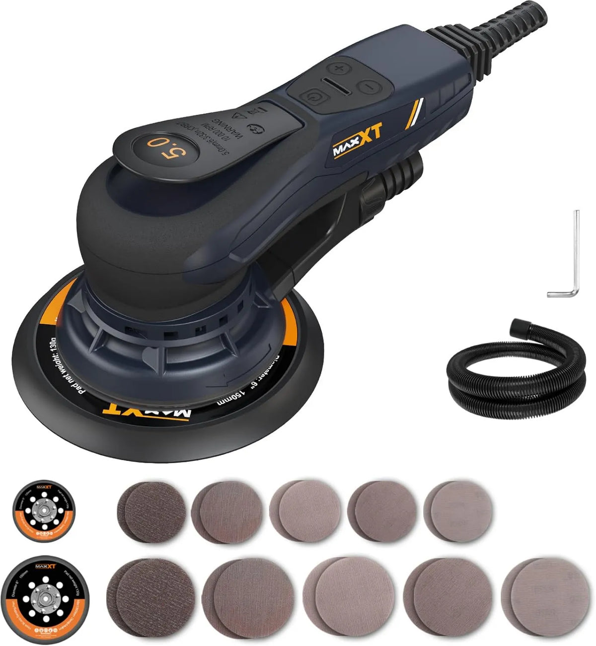 MAXXT, 3-punktowe mocowanie, Szlifierka elektryczna bez miotły 350 W, Piaskowiec orbitalny 5, 0 z tarczami 150 mm i 125 mm, 4000- 10000 obr. / min, 6 poziomów