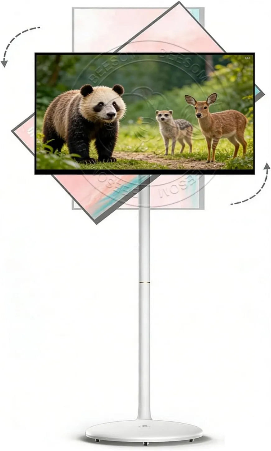BEESOM, Smart TV 8go + 128go 27in, 27in, TV, 4K UHD, przenośne, na zewnątrz, poruszające się koła, dotyk, Duży telewizor, TV na piechotę z