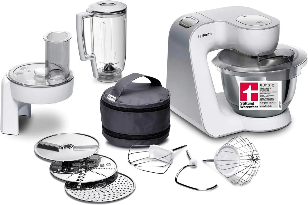 Bosch MUM58W20 robot kuchenny, 1000 W, 3,9 l, Robot kuchenny Serie 4, misa stalowa 3,9 l, wielofunkcyjny zestaw akcesoriów