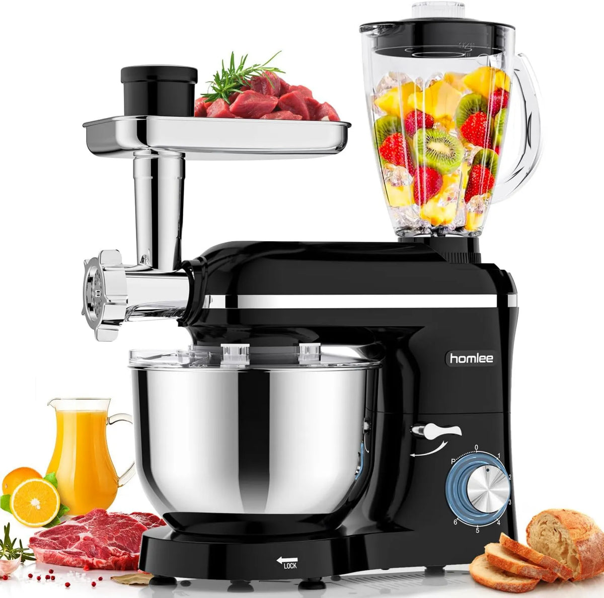 homlee robot kuchenny, Mikser, 1.5 l, 2000 W, Homee 3 in 1 Robot Pastry, 2000 W Robot wielofunkcyjny Kuchnia, Mikser Bol, 5, 5 l