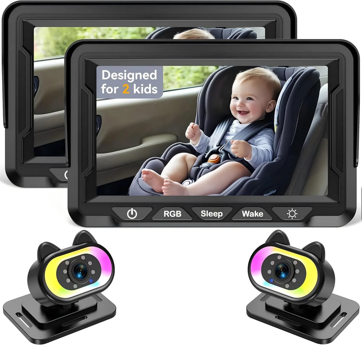 Wkzay, 1080p widzenie nocne, regulowane oświetlenie LED, Zestaw 2 kamer samochodowych dla dzieci, szeroki kąt 150 °, łatwa instalacja, bezpieczeństwo dzieci