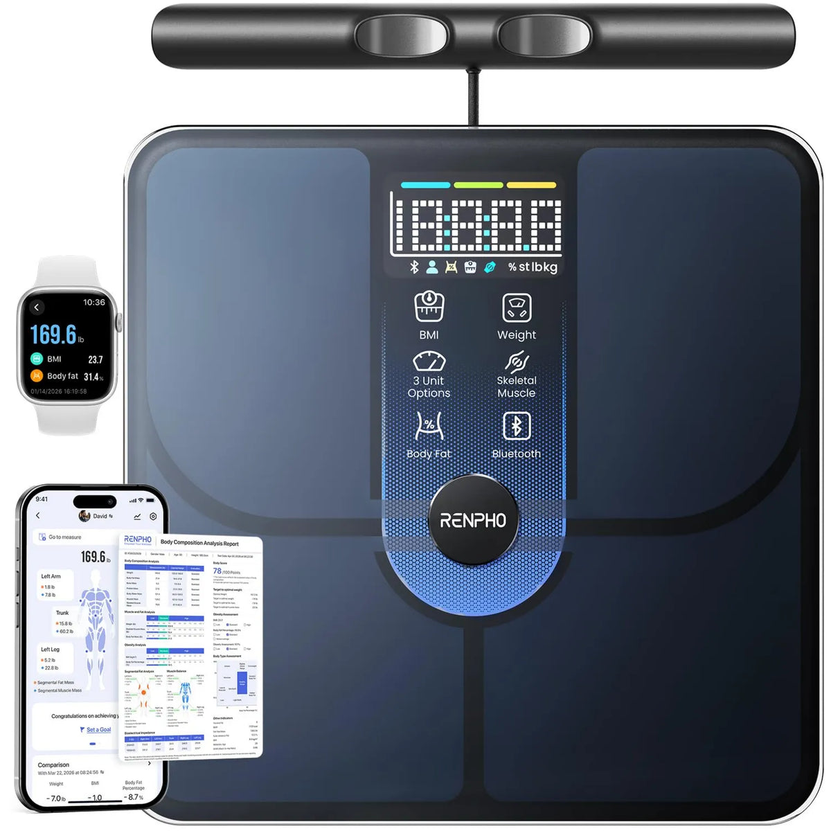 RENPHO, Balance, Morphoscan Lite, Balance Impedancemeter 8 Elektrody z uchwytem