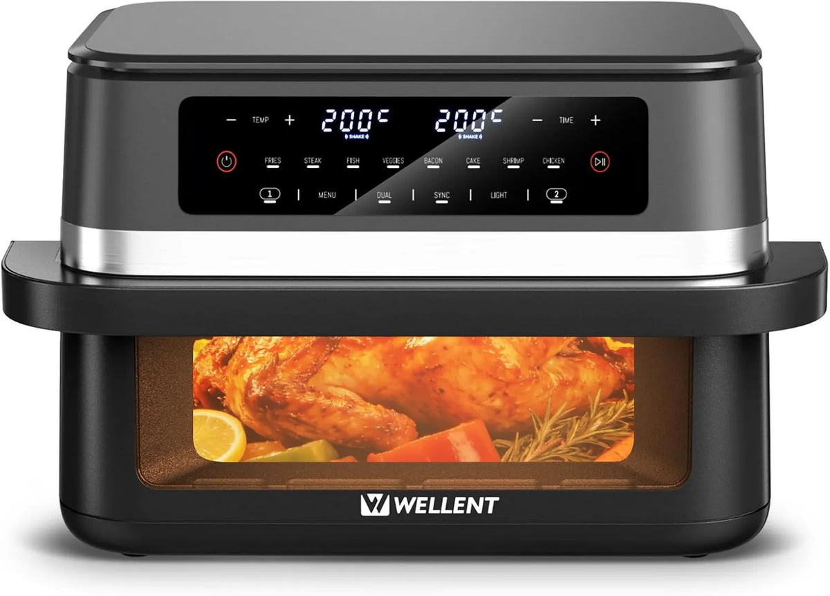 WELLENT frytkownica beztłuszczowa, Zmywarka, 12 l, 2950 W, 8- in-1, dotyk, 12 l XXL Przedziały powietrza frytkownica, 2950 W Podwójne obszary Oil-free, Tracile ekran 8 w 1
