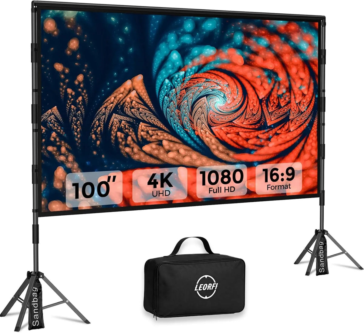 LEORFI, Statyw rurowy z antypoślizgowymi stopami, 100 Inch Projection Screen z Przenośnym Tripod Zewnątrz, Projekcja przednia, Tylny, Canvas